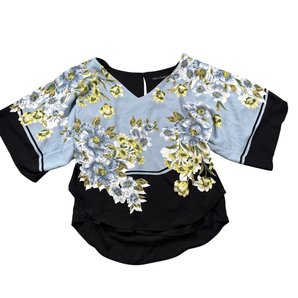 WHBM‎ White House Black Market Top Womens S Blue Floral Kimono Sleeve Career